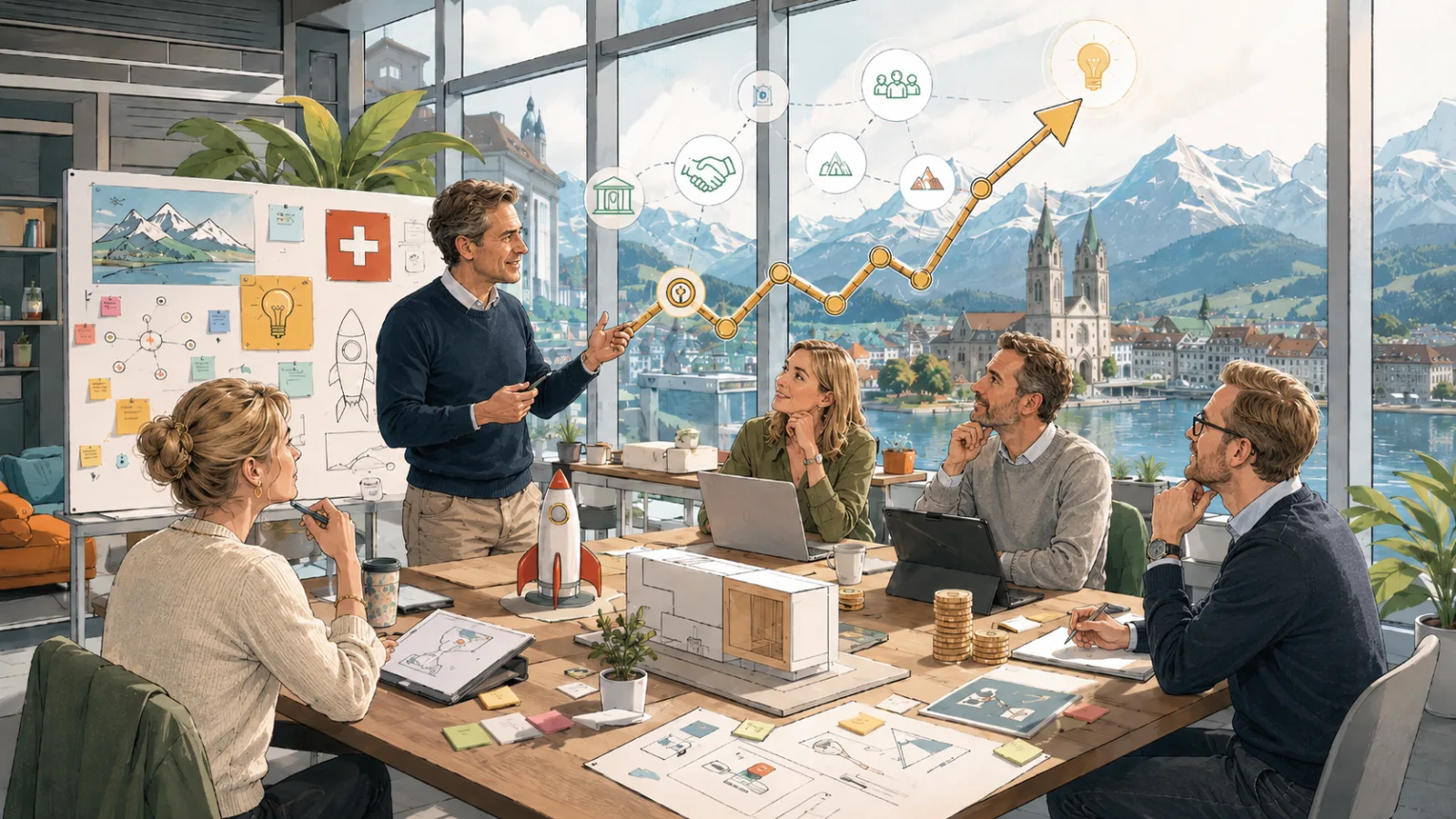 Team di imprenditori in riunione strategica in un ufficio con vista sul lago di Lugano