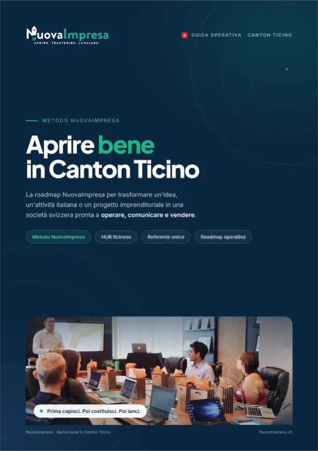 Copertina della guida operativa NuovaImpresa: Aprire bene in Canton Ticino