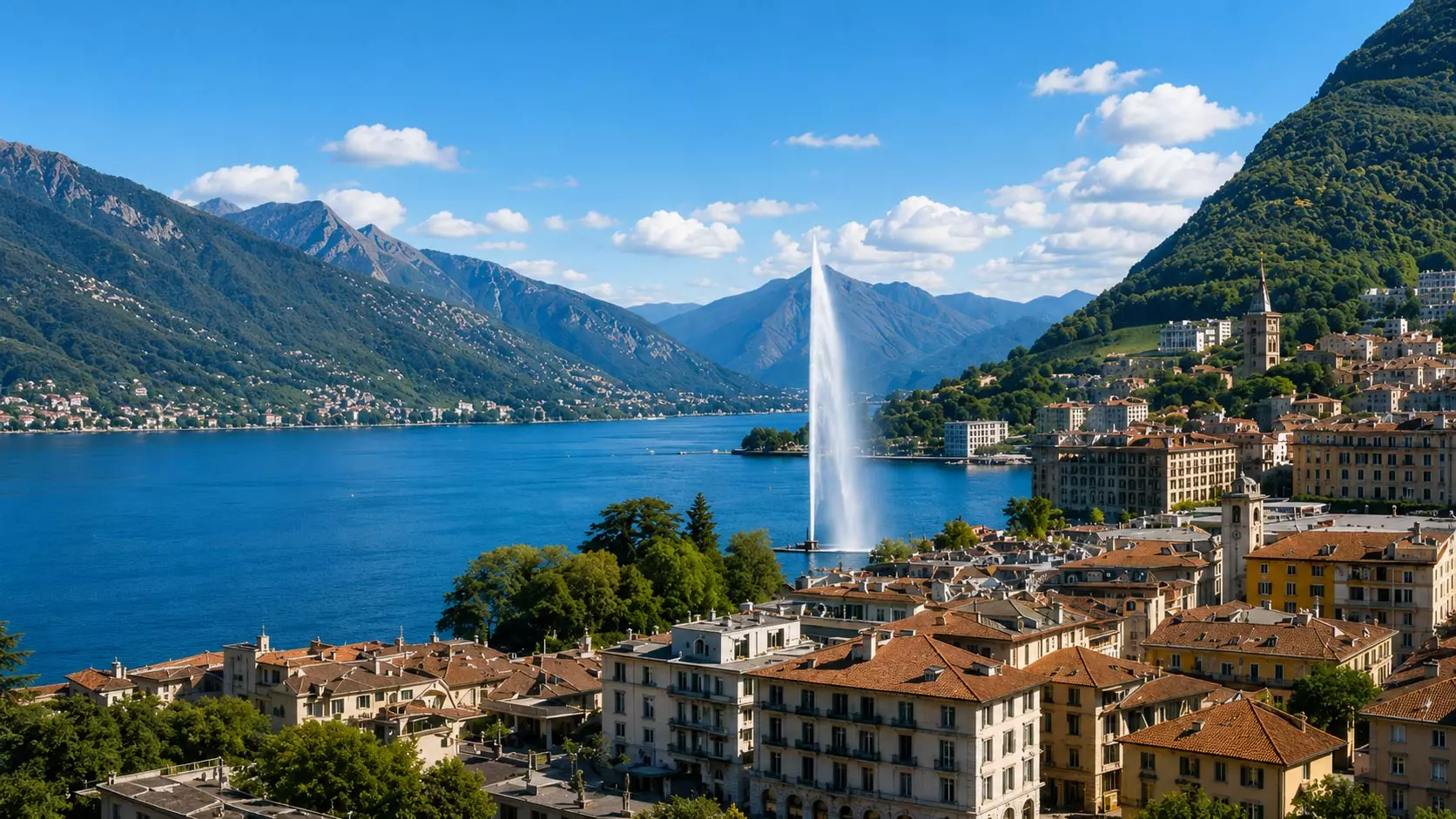 Veduta di Lugano sul lago con la fontana e le montagne del Canton Ticino