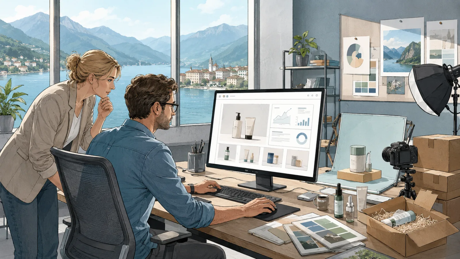 Team al lavoro su un e-commerce in un ufficio con vista sul lago in Ticino