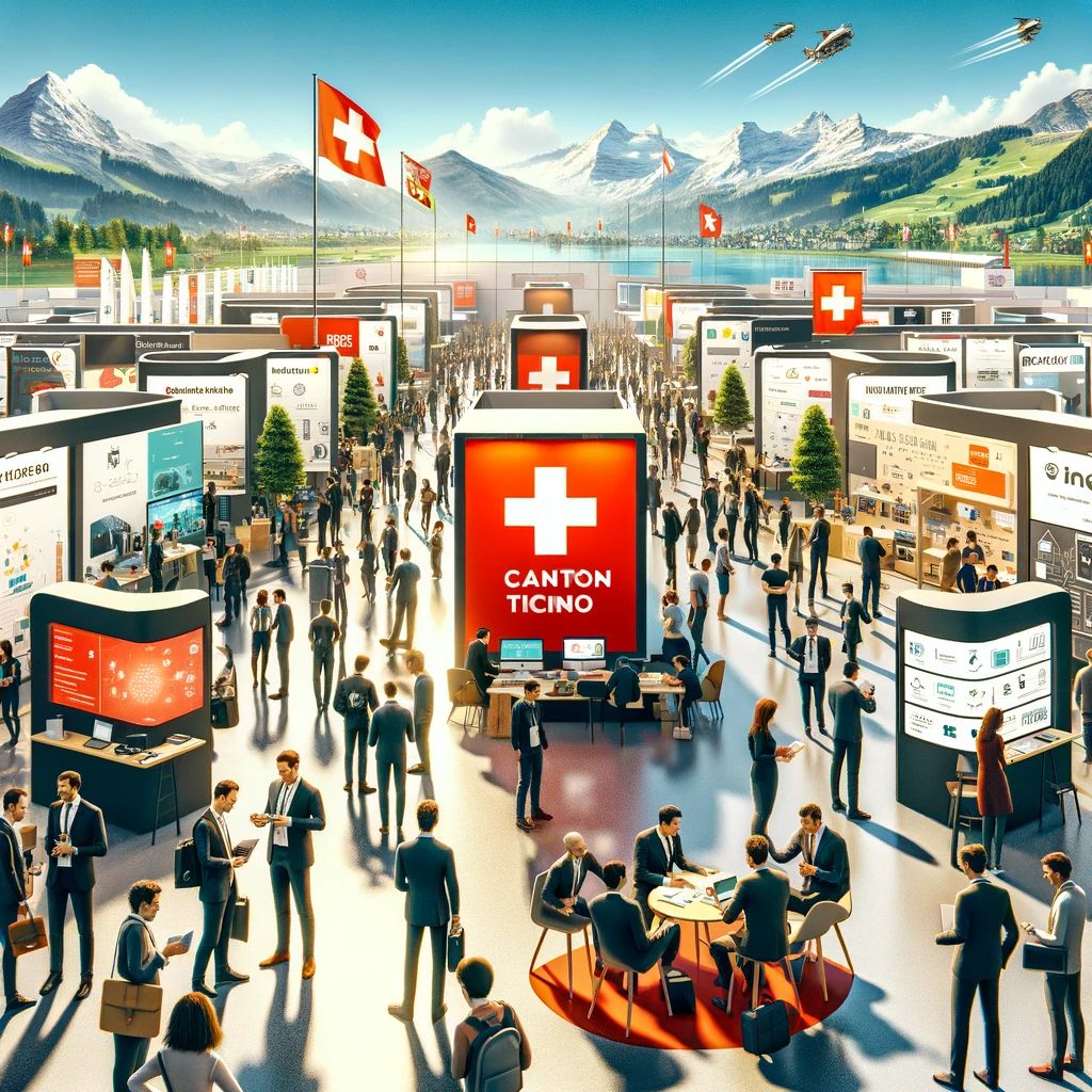Fiera dell'innovazione in Canton Ticino: stand aziendali, professionisti e startup con bandiere svizzere e Alpi sullo sfondo