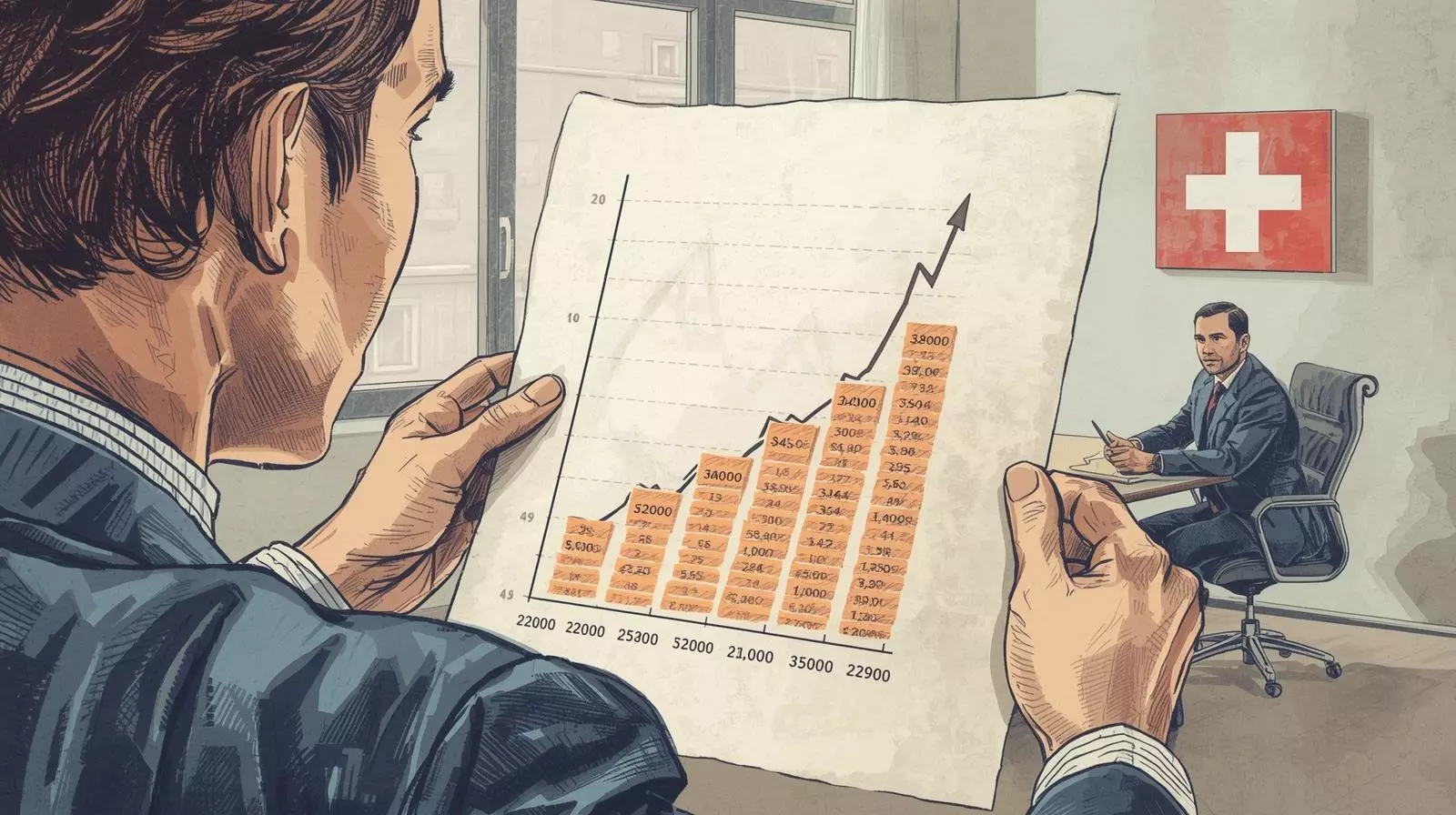 consulente mostra a imprenditore italiano le imposte e vantaggi fiscali in Svizzera